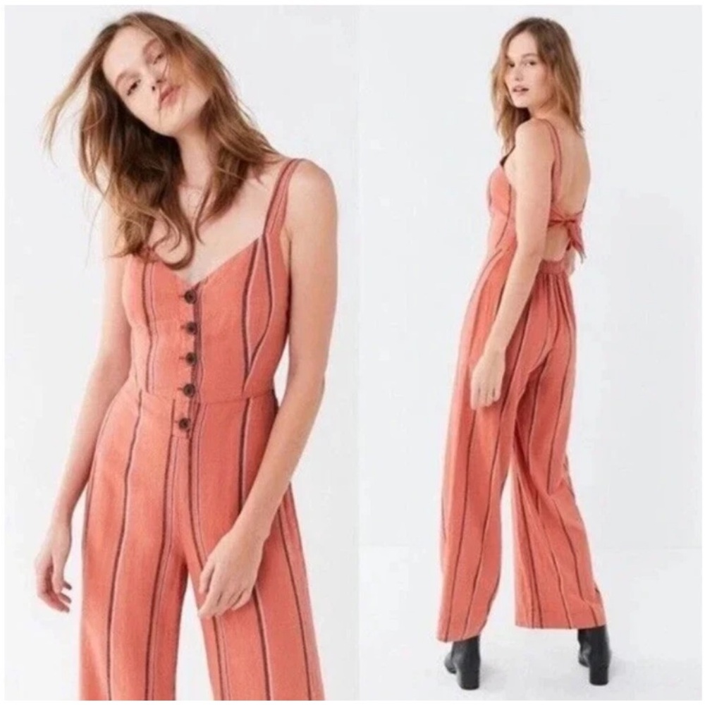 Urban Outfitters Ashley Striped Jumpsuit Medium Orange Rustic Brown Linen Blend